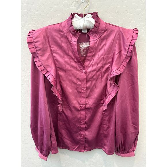CALLIGRAPHIE | Ruffle Trim Satin Blouse Magenta Pink Victorian Style NWT Medium - Picture 1 of 7
